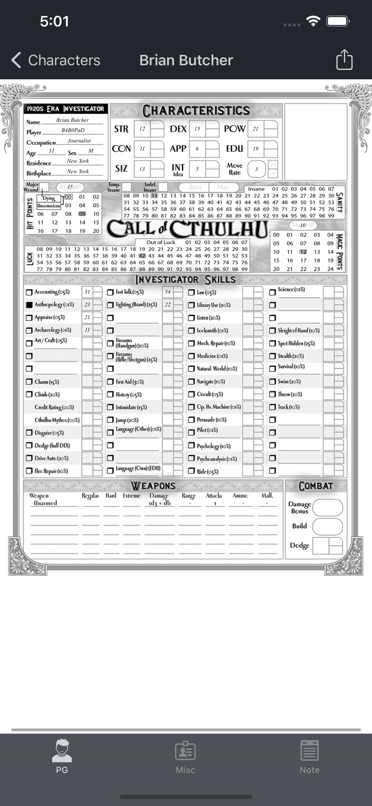 call of cthulhu 7th rpg character sheet